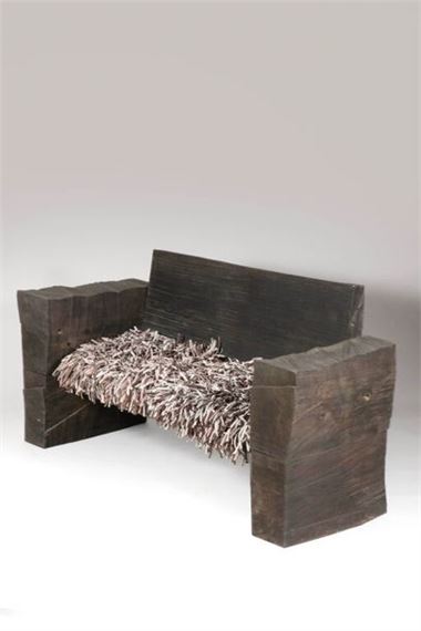 Black-stained carved oak bench, velvet calfskin cushion and straps by Denis Milovanov, created in 2019