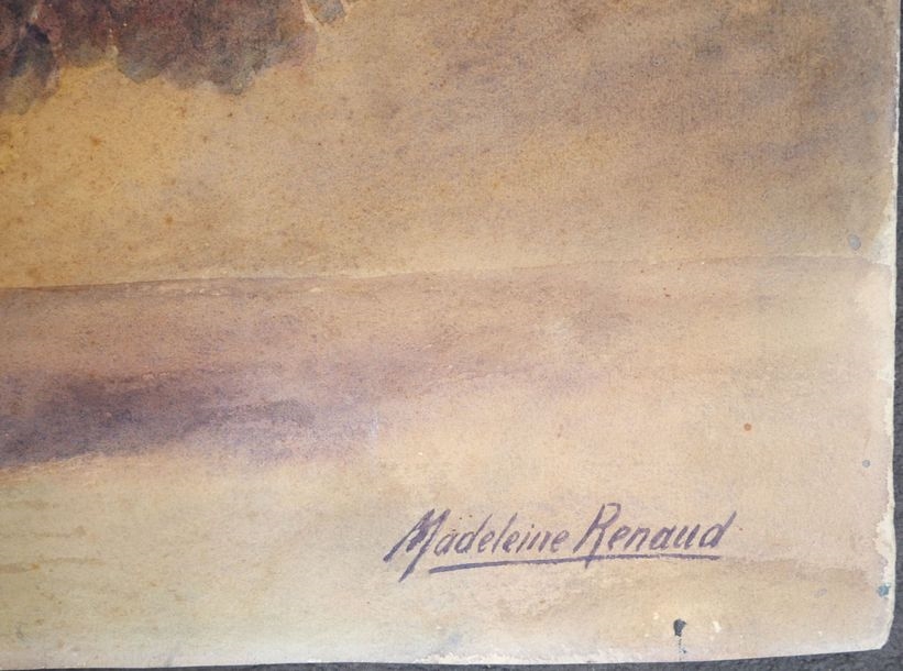 Artwork by Madeleine Renaud, Composition with hydrangea bouquet in a vase, Made of watercolor on cardboard