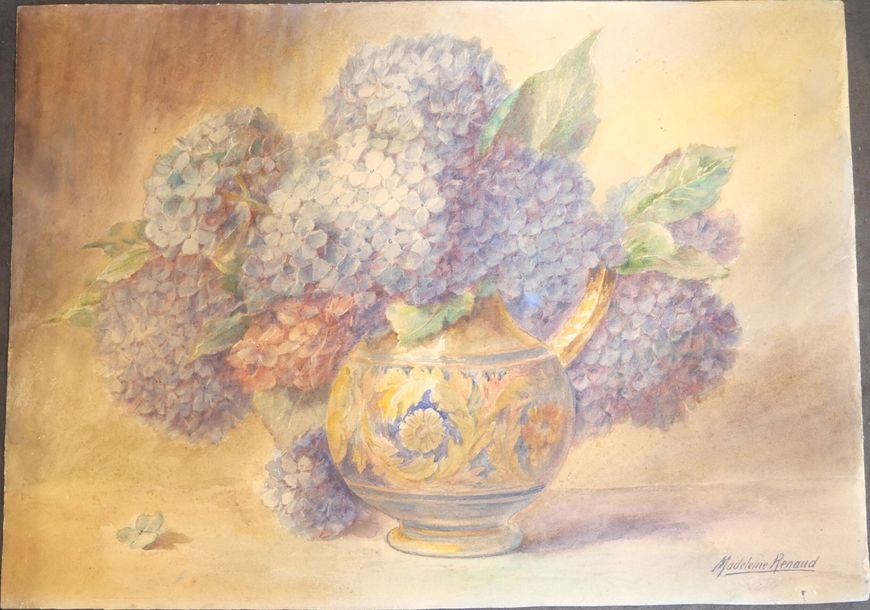 Artwork by Madeleine Renaud, Composition with hydrangea bouquet in a vase, Made of watercolor on cardboard