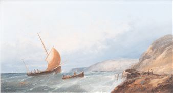 A seascape painting depicting a small sailing vessel battling rough waters near a rocky coastline.
