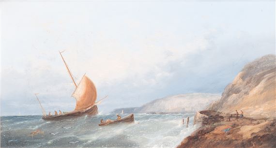 A seascape painting depicting a small sailing vessel battling rough waters near a rocky coastline.