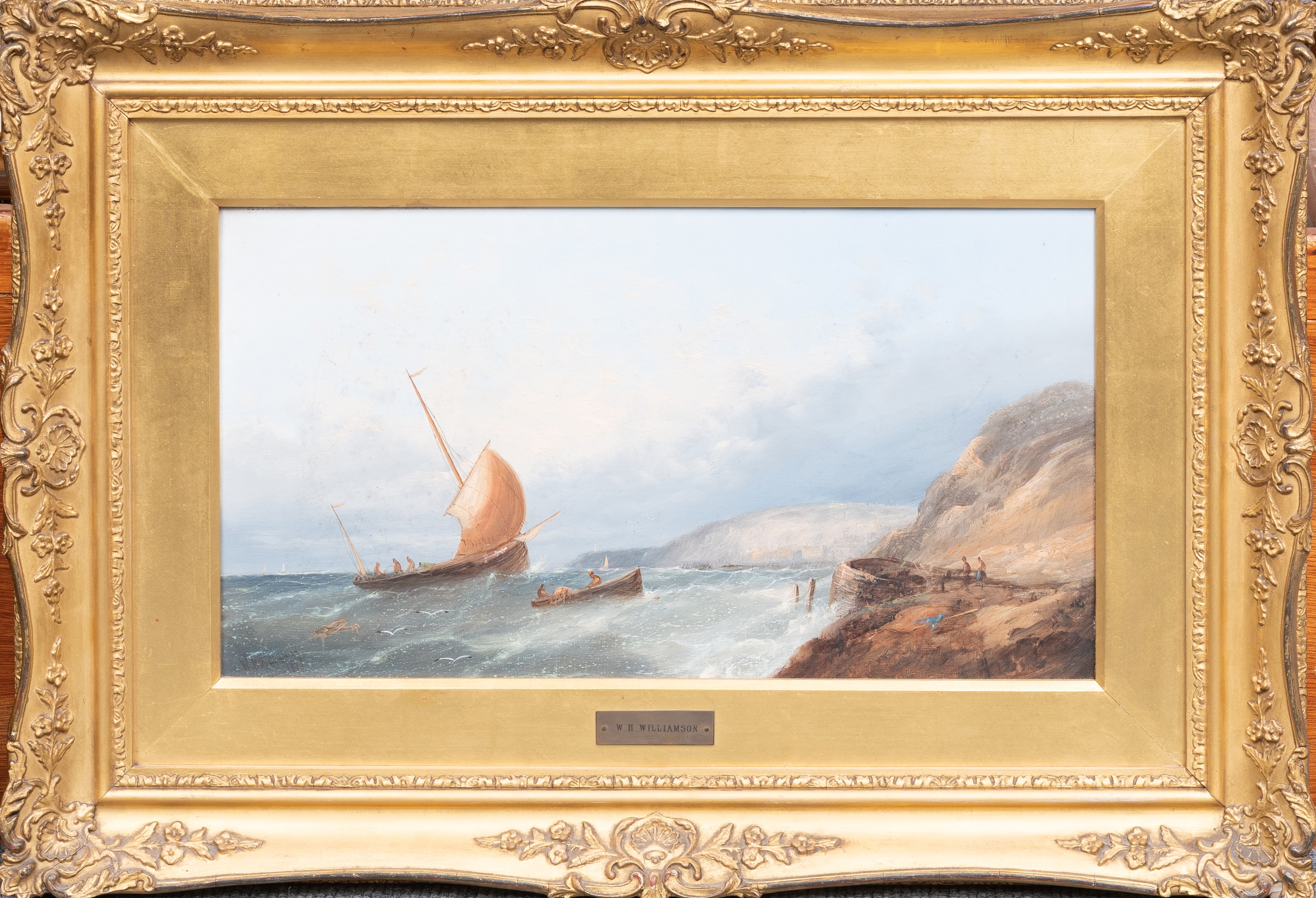 A seascape painting depicting a small sailing vessel battling rough waters near a rocky coastline.