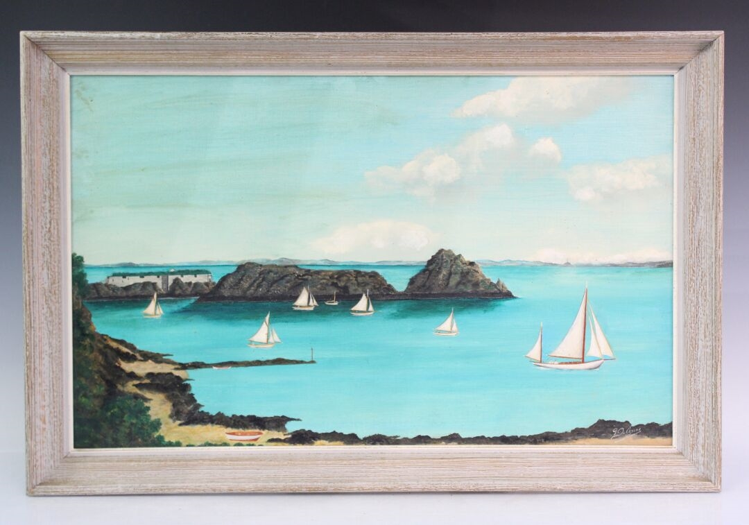 Artwork by Joseph Delepine, Voiliers navigant devant le Rocher de Cancale, Made of Huile sur carton
