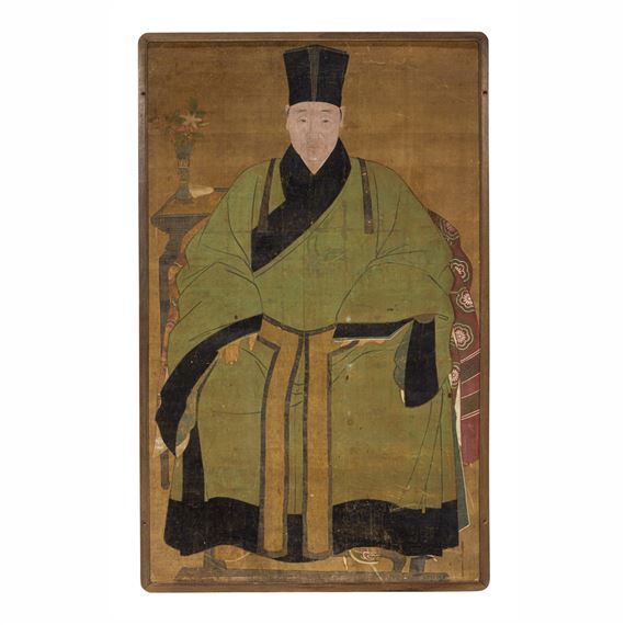 A Chinese ancestor portrait. Ink and color on silk by Chinese School