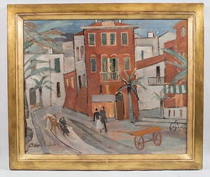 Artwork by Henny Protzen-Kundmüller, Straße in Sestri / Street in Sestri, Made of Öl auf fester Malplatte, aufwendiger Blattgoldrahmen,