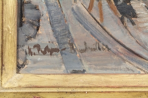 Artwork by Henny Protzen-Kundmüller, Straße in Sestri / Street in Sestri, Made of Öl auf fester Malplatte, aufwendiger Blattgoldrahmen,