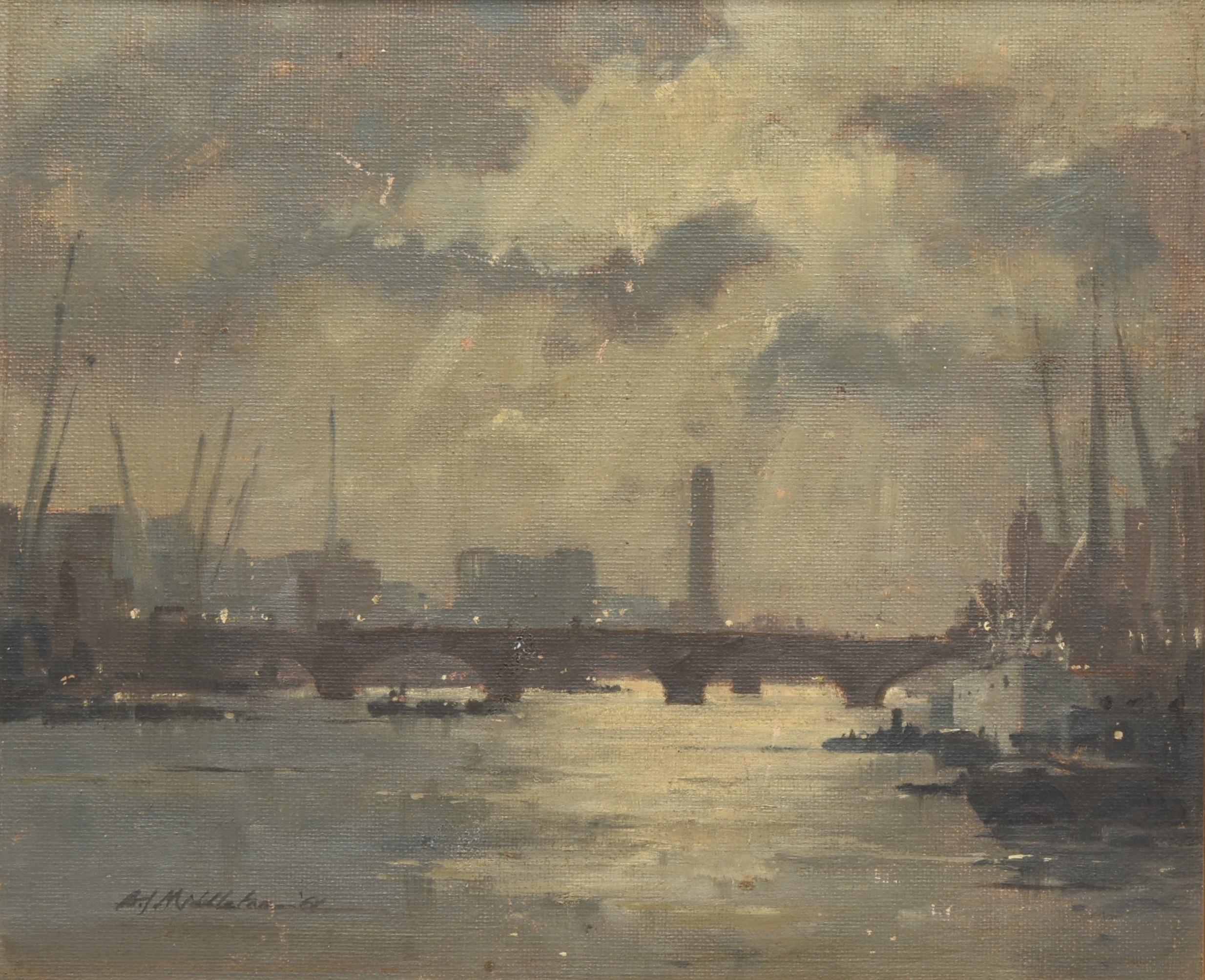 Artwork by Alan James Middleton, London Bridge at the Pool from Tower Pier, Made of oil on canvas board