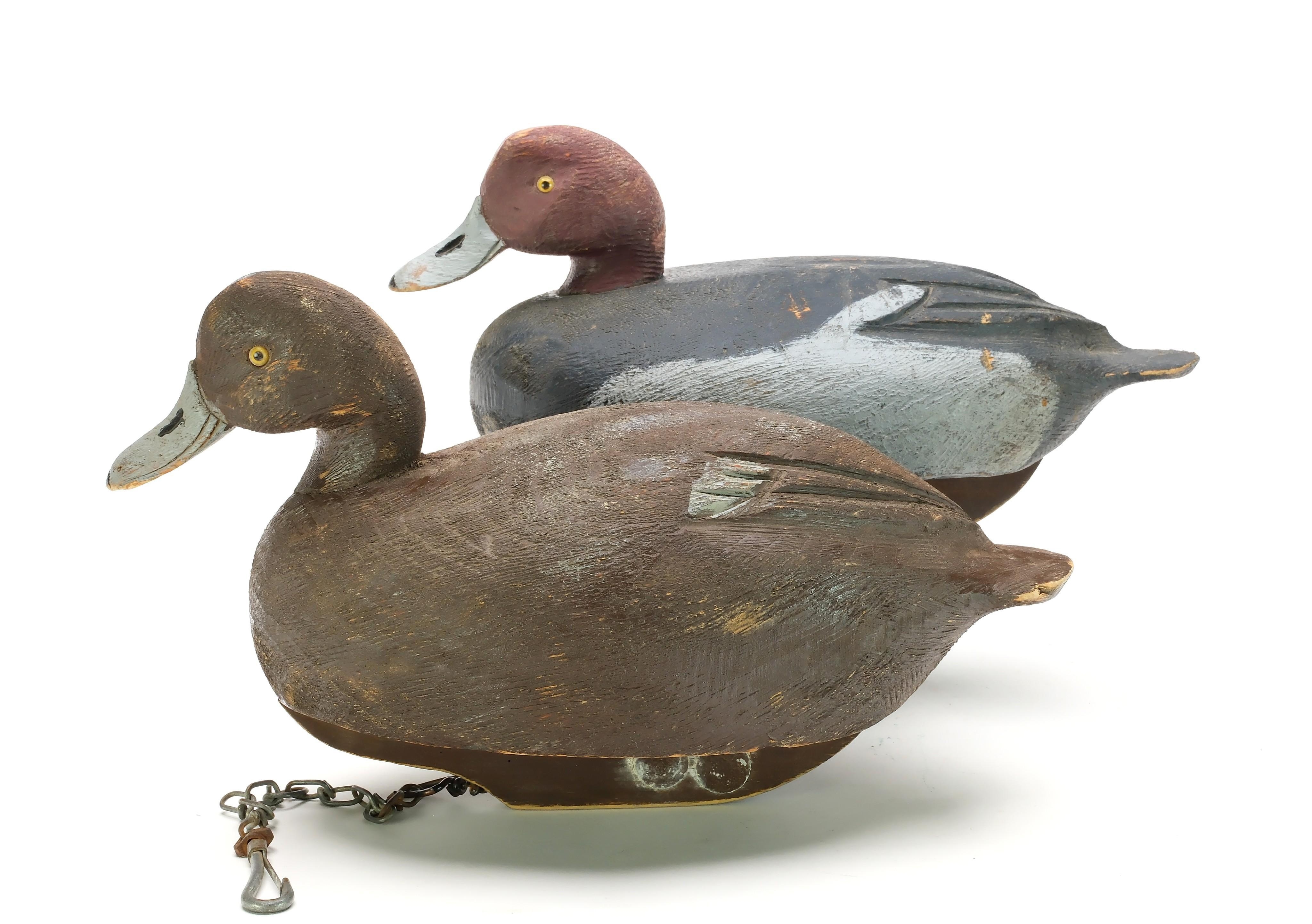 Artwork by Ralph Malpage, Pair of redheads, Made of both with deep relief wing carving, glass eyes