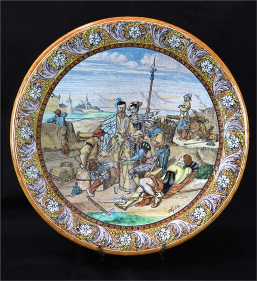 Large polychrome earthenware dish decorated with a historiated scene