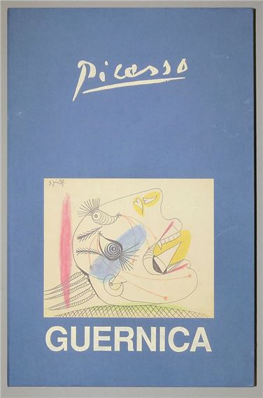 A blue book with a drawing of a woman's face on it.