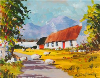 SHEEP GRAZING BY A THATCHED COTTAGE - Miles Gaythwaite