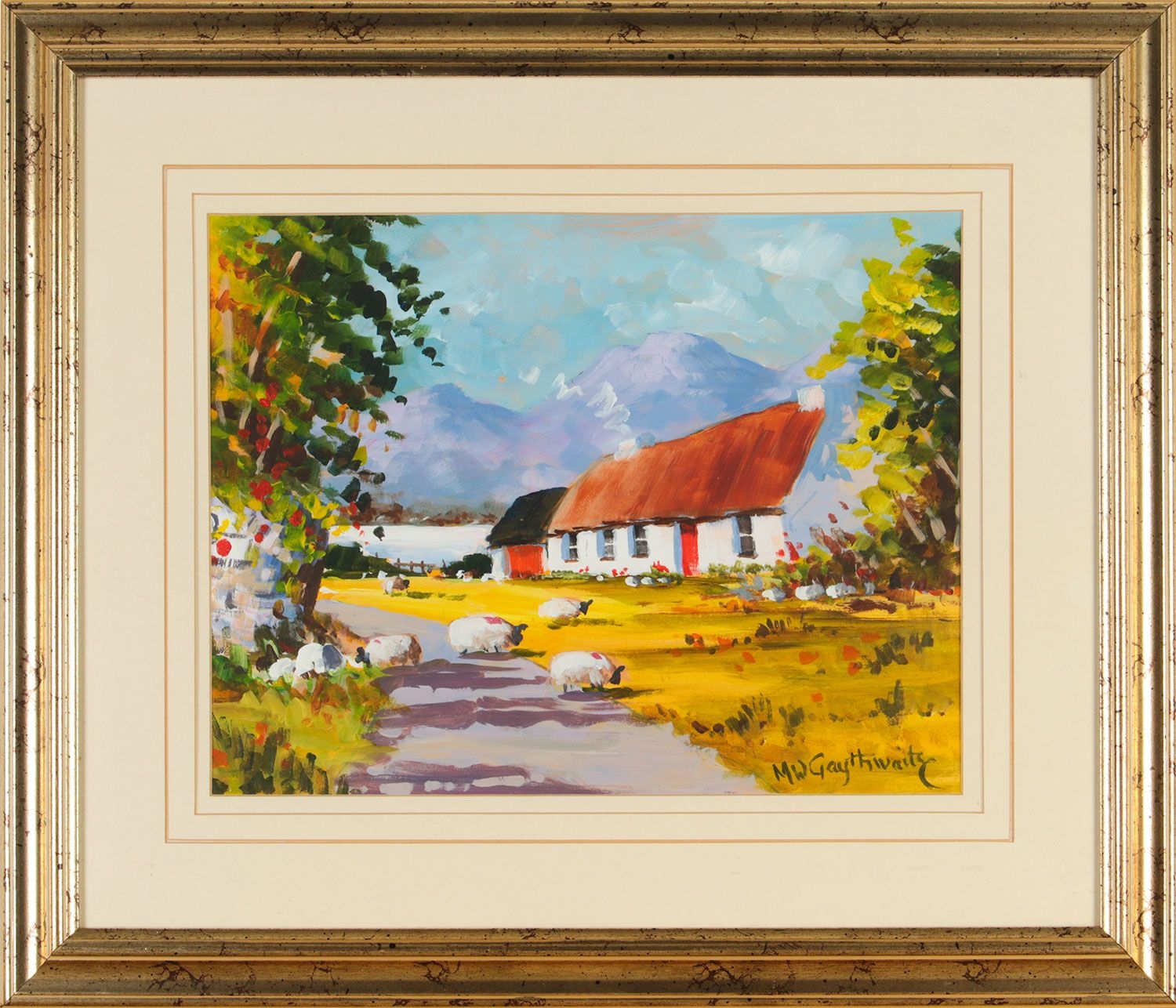 Artwork by Miles Gaythwaite, SHEEP GRAZING BY A THATCHED COTTAGE, Made of OIL ON BOARD