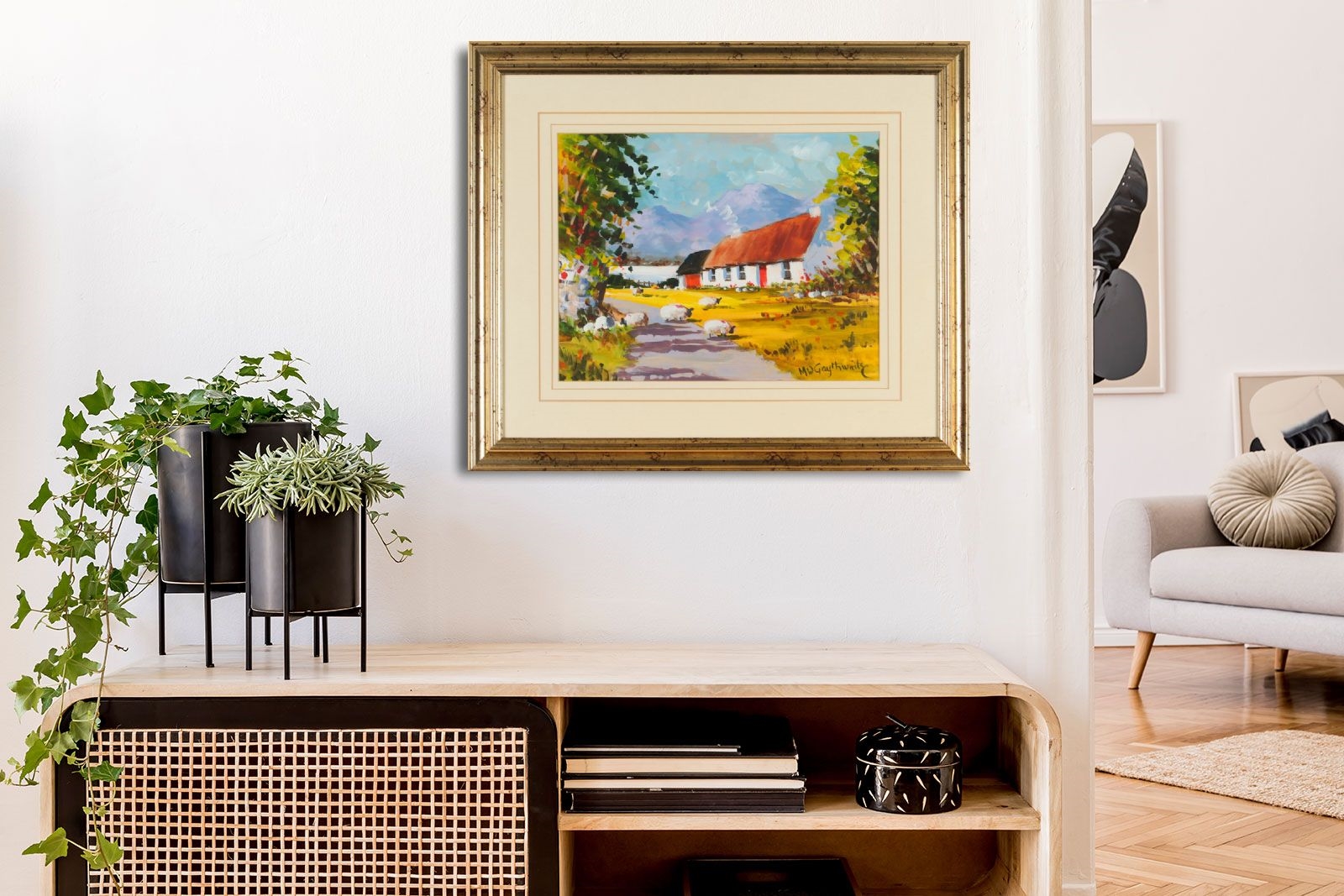 Artwork by Miles Gaythwaite, SHEEP GRAZING BY A THATCHED COTTAGE, Made of OIL ON BOARD