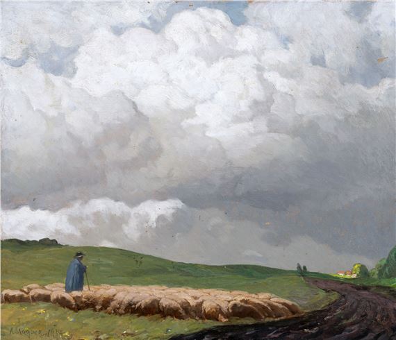 Schäfer mit seiner Herde bei Beuerberg by Albert Stagura, 1934