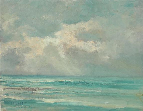 A moody seascape painting featuring a turbulent ocean under an overcast sky.