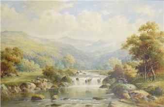 Lakeland of Welsh river scenes, with figures relaxing while fishing - William E. Harris
