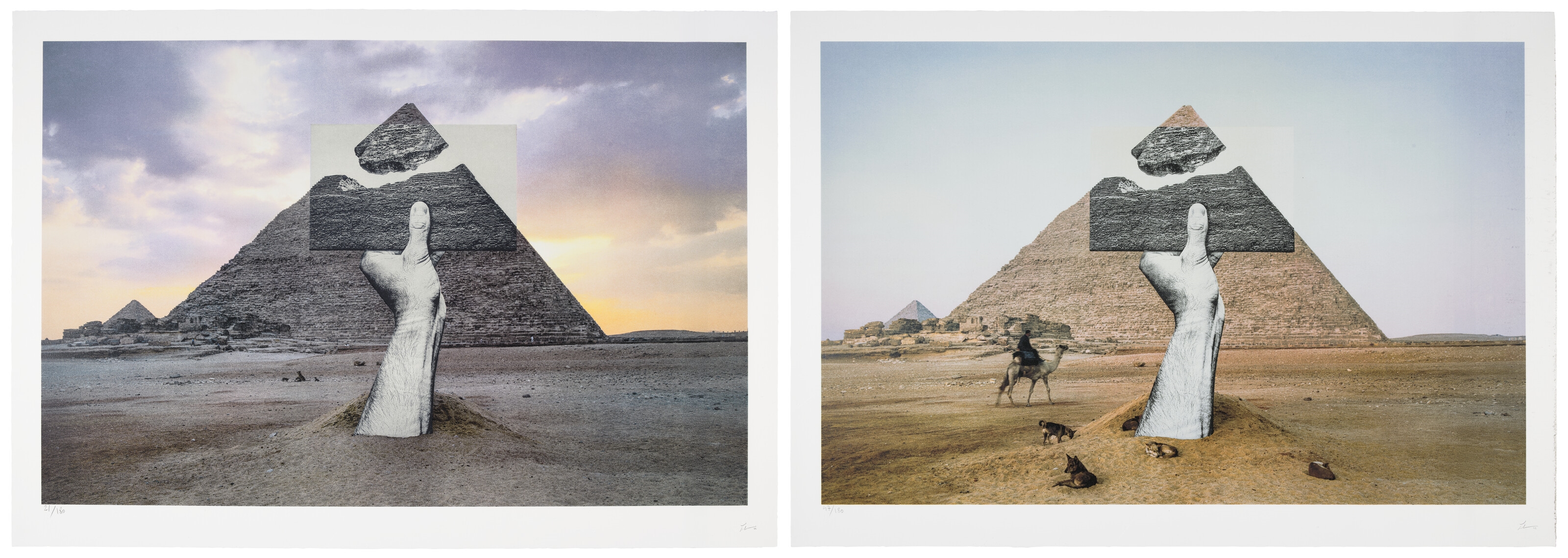 Artwork by JR, Trompe l'oeil, Greetings from Giza, 22 Octobre 2021: two prints, Made of lithographs in colors, on Rives BFK paper