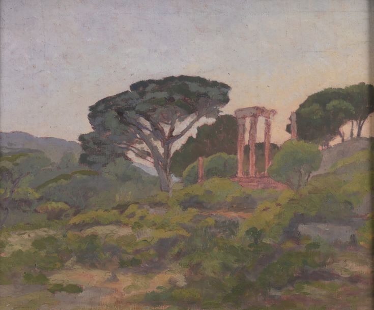 Artwork by Raymond Jean Verdun, Landscape with ancient ruins, Made of Oil on cardboard