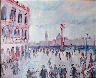 A vibrant, impressionistic view of a bustling city square with a prominent pink building and a red lamppost.