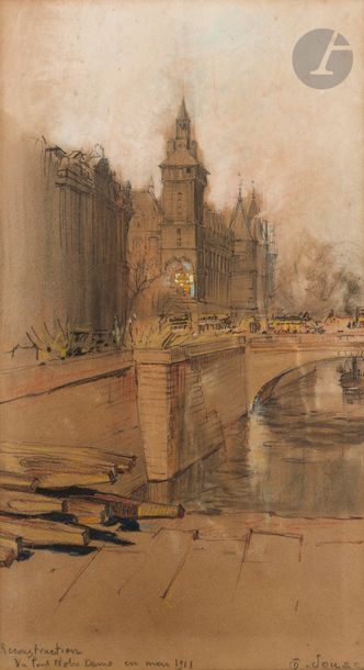 Artwork by Charles Jouas, Reconstruction of Notre Dame Bridge, May 1911, Made of Charcoal, shading, pastel and black ink over pencil lines