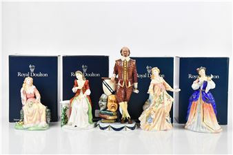 ROYAL DOULTON; a collection of five figures comprising 'William Shakespeare', HN3633, 247/1564, 'Shakespeare Ladies Titania', HN3679, 505/5000, 'Shakespeare Ladies Desdemona', HN3676, 1614/5000, 'Shakespeare Ladies Juliet', HN3453, 965/5000, and 'Shakespeare Ladies Ophelia', HN3674, 49/5000 - William Shakespeare