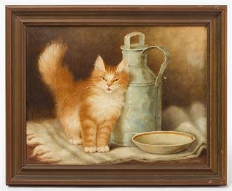 Cat on a table with a milk pail and a saucer of milk - Percy Sanborn