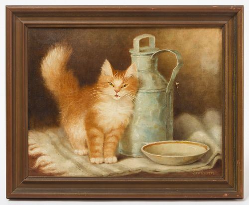Cat on a table with a milk pail and a saucer of milk - Percy Sanborn