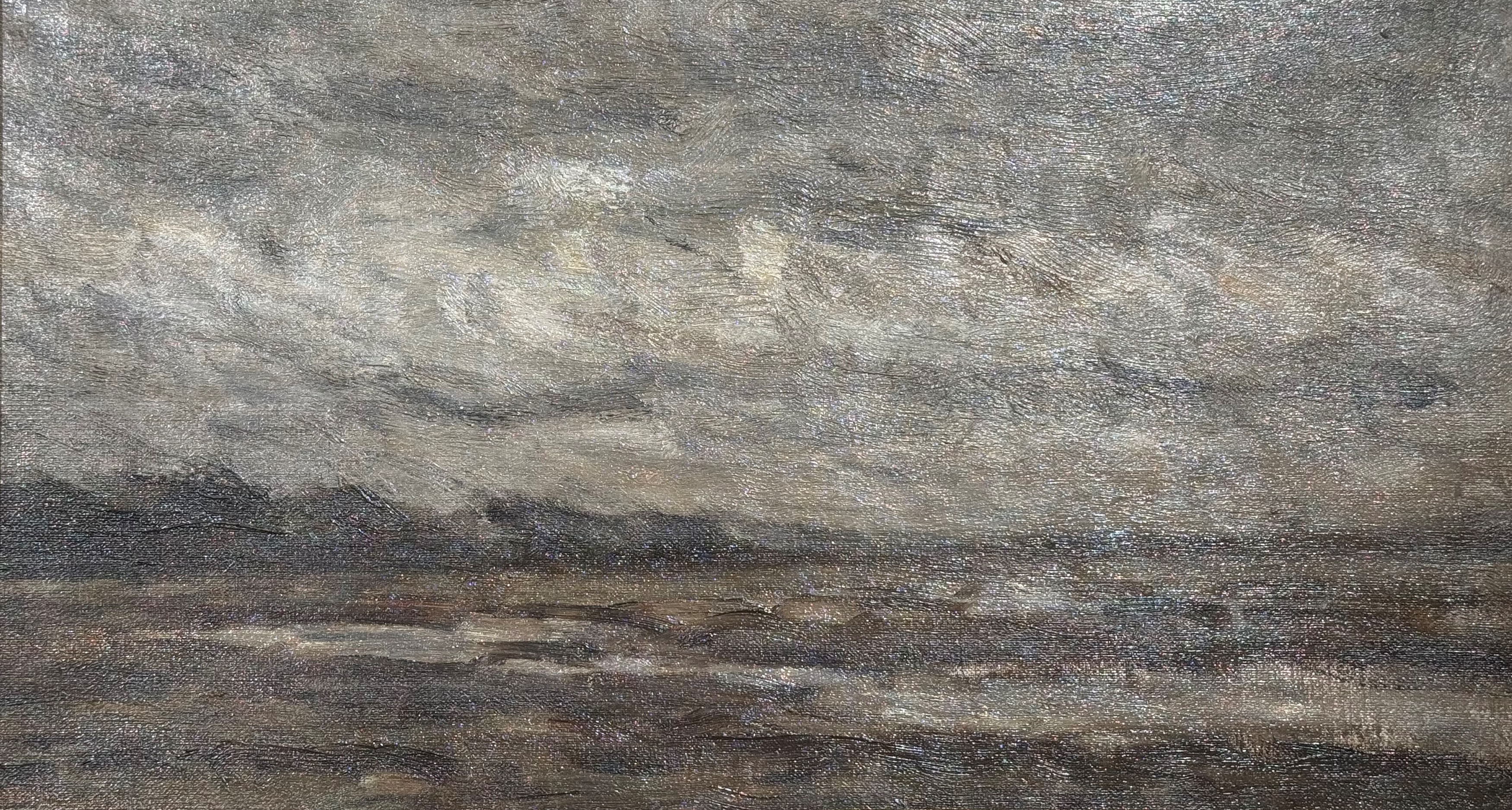 A muted landscape painting of a distant shore under an overcast sky.