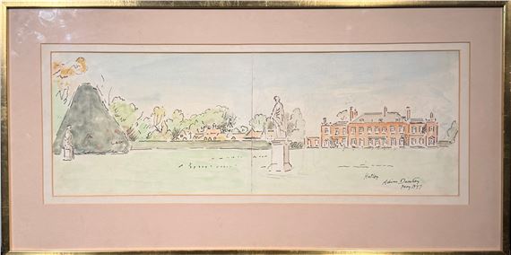 A watercolor landscape sketch of a formal garden featuring a large building, statues, and a pyramid.