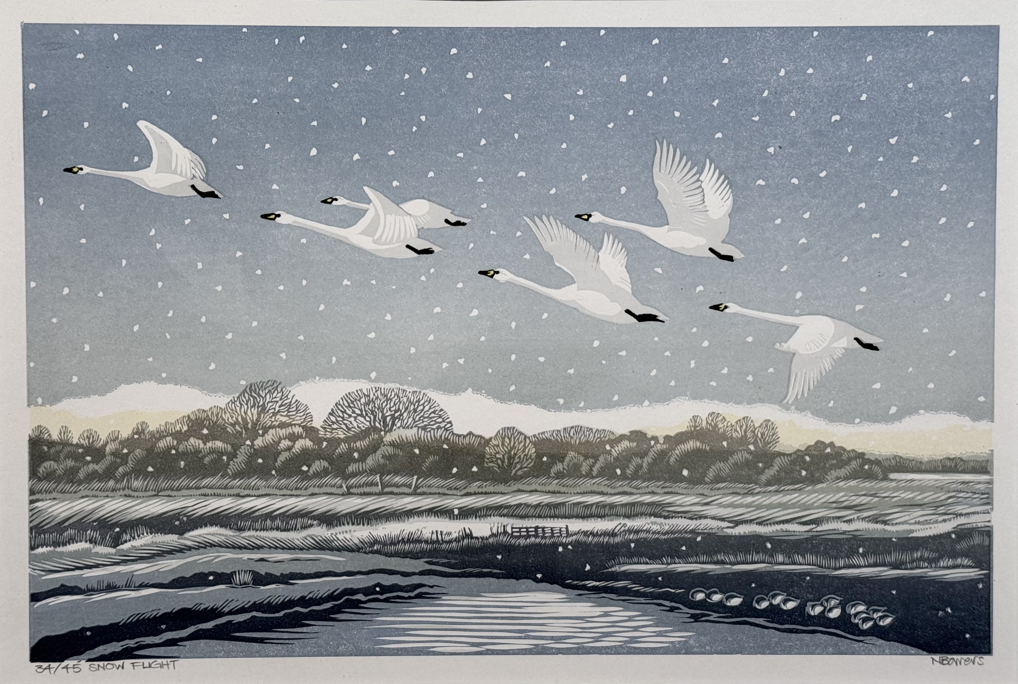 Artwork by Niki Bowers, Snow Flight, Made of linocut