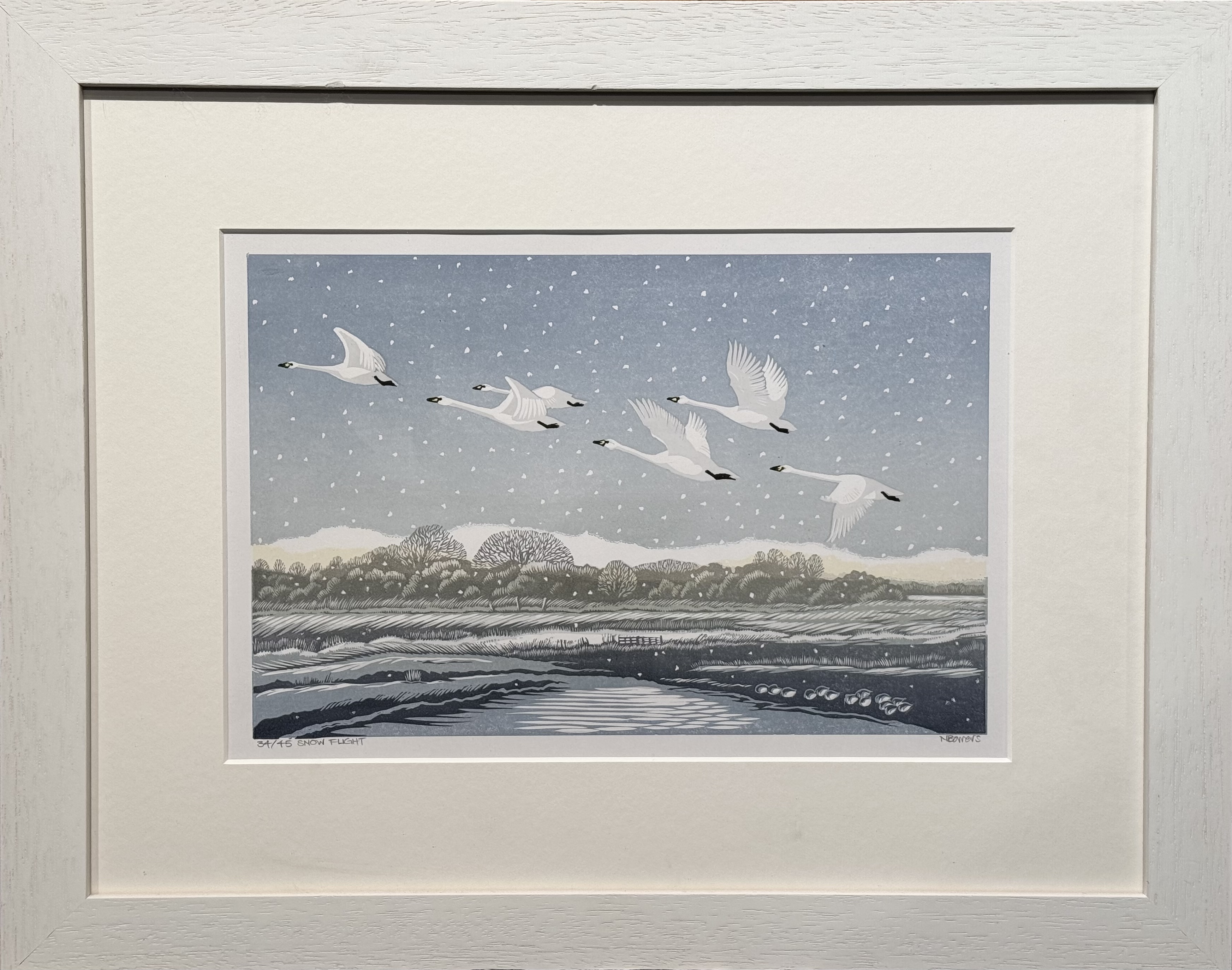 Artwork by Niki Bowers, Snow Flight, Made of linocut