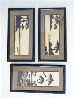 Pêcheurs sur l'étang Trois encres et lavis d'encre rehaussées à la gouache blanche. Signées - Joaquin Couderc