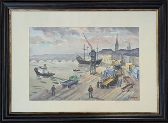 Bordeaux, les quais animés  signée en bas à droite - Jean Hourregue