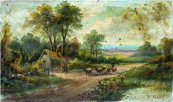 A pastoral landscape painting featuring a rustic cottage, grazing sheep, and a serene countryside under a cloudy sky.