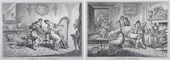 Harmony before Matrimony' and 'Matrimonial Harmonics by James Gillray, circa 1805