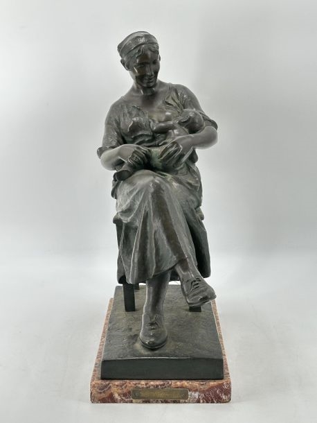 Artwork by Oscar De Beul, Young mother with child resting on a chair, Made of Bronze