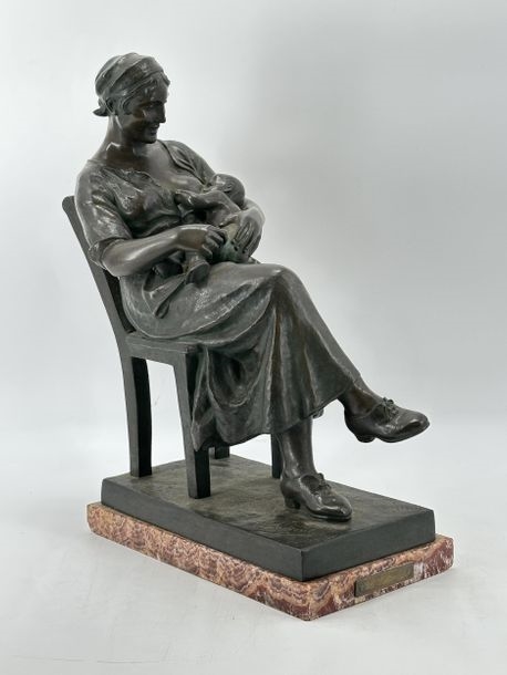 Artwork by Oscar De Beul, Young mother with child resting on a chair, Made of Bronze