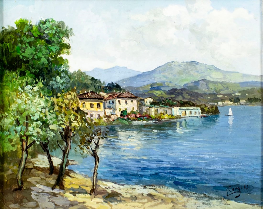 Artwork by Luigi Cergoli, Coastal Town Landscape, Made of oil on canvas