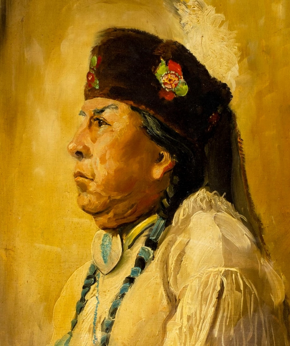 A solemn profile portrait of a person in traditional attire against a warm, textured background.