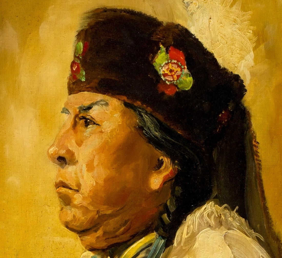 A solemn profile portrait of a person in traditional attire against a warm, textured background.