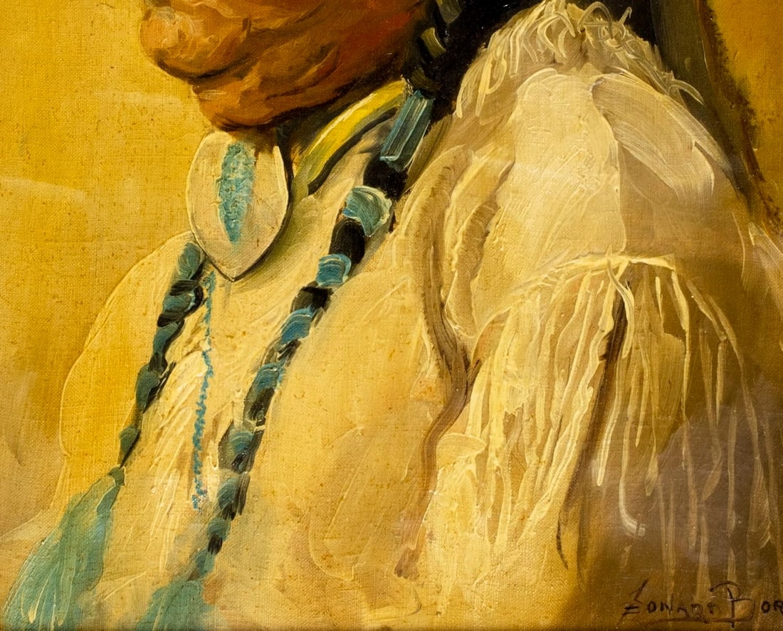 A solemn profile portrait of a person in traditional attire against a warm, textured background.