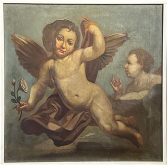 Zwei Gemälde mit kleinen Putti, die Blumen in ihren Händen halten - Nothelfer, G.