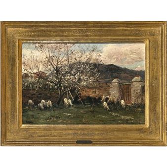 Schäfer mit Herde unter blühenden Bäumen - Paul Saïn