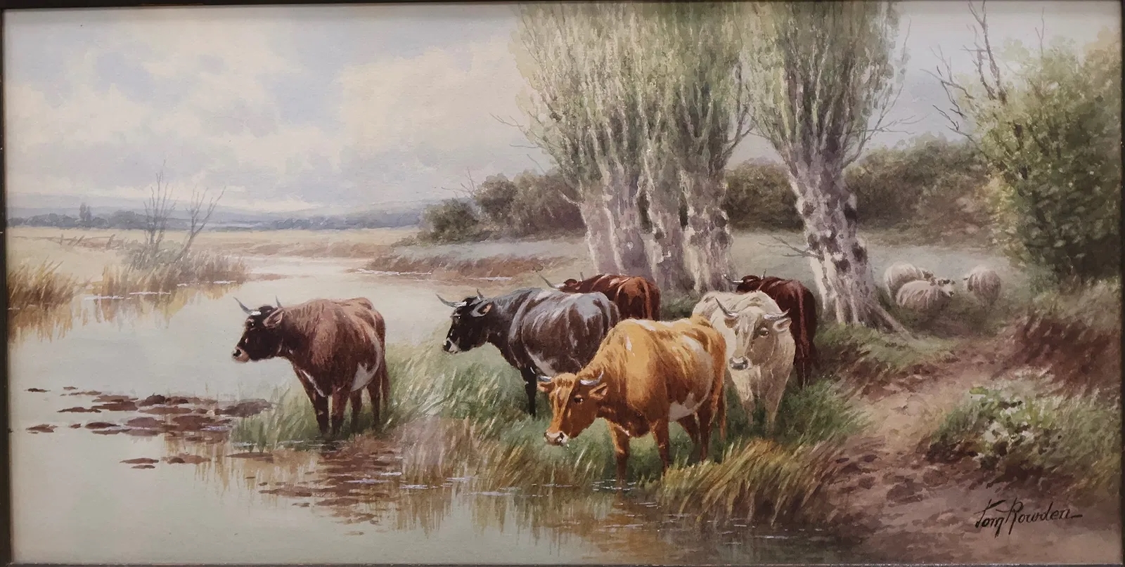 Thomas Rowden | Cattle and sheep by a river landscape | MutualArt