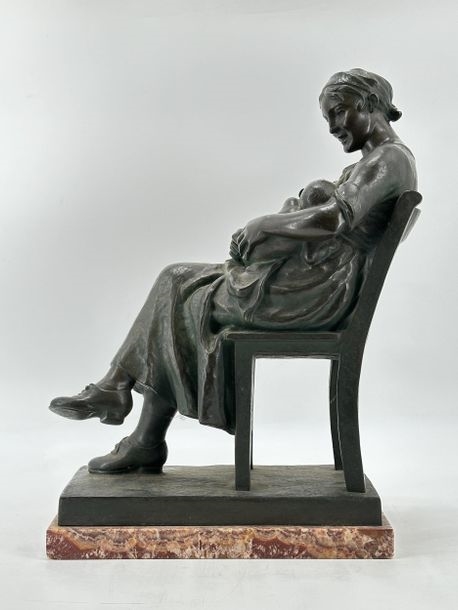 Artwork by Oscar De Beul, Young mother with child resting on a chair, Made of Bronze