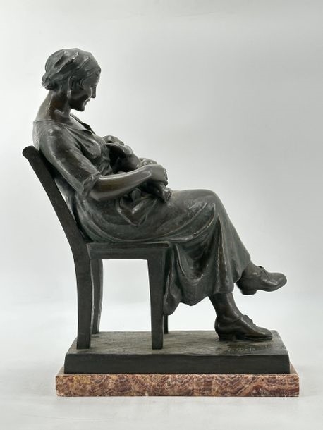 Artwork by Oscar De Beul, Young mother with child resting on a chair, Made of Bronze