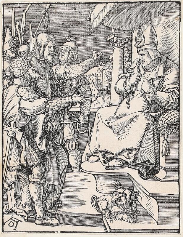 Artwork by Albrecht Dürer, Christ before Caiaphas, from The Small Passion, Made of Woodcut on laid paper