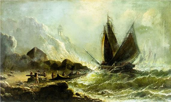 Stormy Seascape with Sailboats by American School, 19th Century