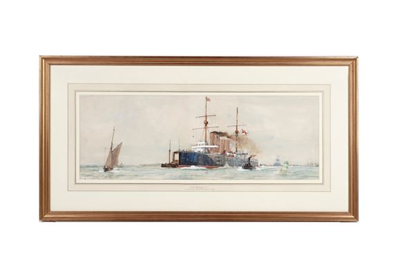 A framed maritime scene featuring a steamship and a sailboat on calm waters.