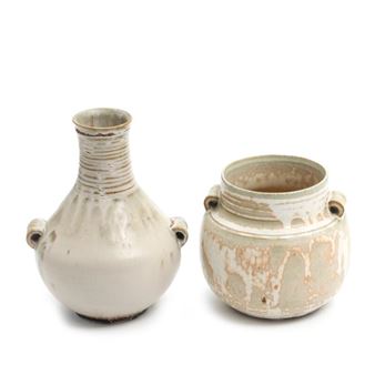 Two stoneware vases, decorated with beige glazes with greenish and light elements - Carl Halier